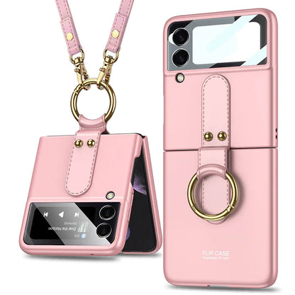 Original Back Screen Glass Matte Hard Cover With Finger-Ring And Lanyard For Samsung Z Flip3 5G