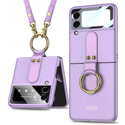 Original Back Screen Glass Matte Hard Cover With Finger-Ring And Lanyard For Samsung Z Flip3 5G