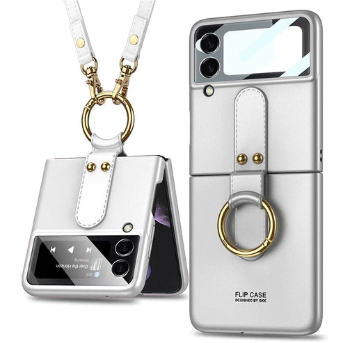 Original Back Screen Glass Matte Hard Cover With Finger-Ring And Lanyard For Samsung Z Flip3 5G