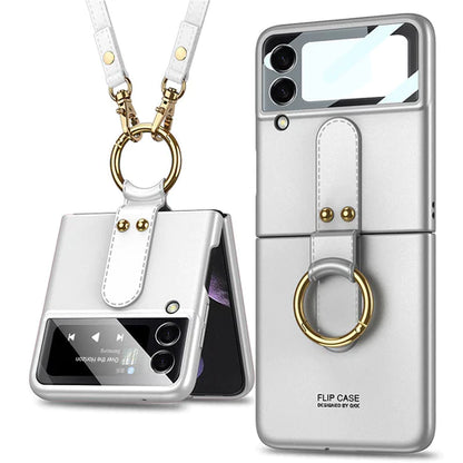 Original Back Screen Glass Matte Hard Cover With Finger-Ring And Lanyard For Samsung Z Flip3 5G