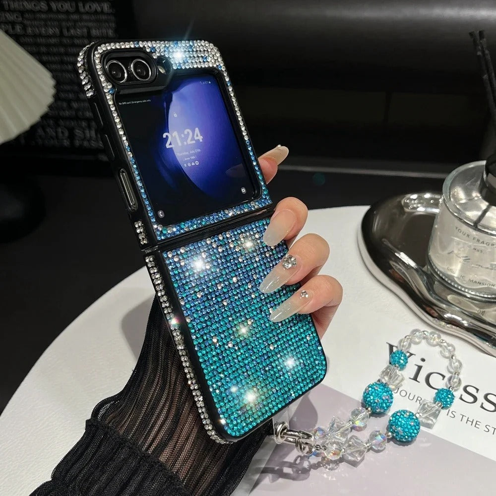 Luxury Crystal Flower Bow Diamond Wrist Chain Case for Samsung Galaxy Z Flip.
