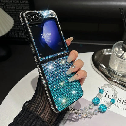 Luxury Crystal Flower Bow Diamond Wrist Chain Case for Samsung Galaxy Z Flip.