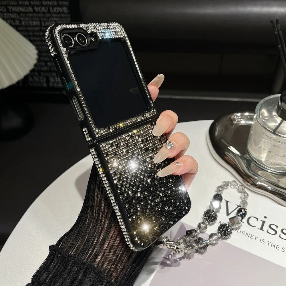 Luxury Crystal Flower Bow Diamond Wrist Chain Case for Samsung Galaxy Z Flip.
