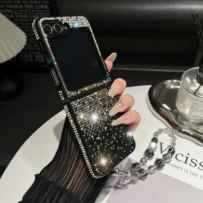 Luxury Crystal Flower Bow Diamond Wrist Chain Case for Samsung Galaxy Z Flip.