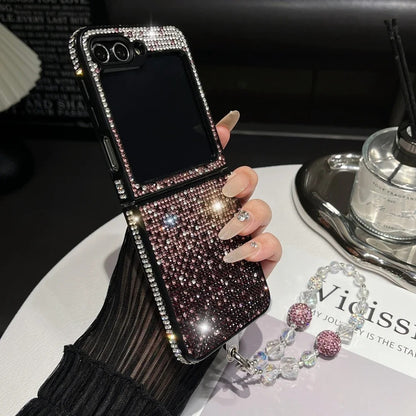 Luxury Crystal Flower Bow Diamond Wrist Chain Case for Samsung Galaxy Z Flip.